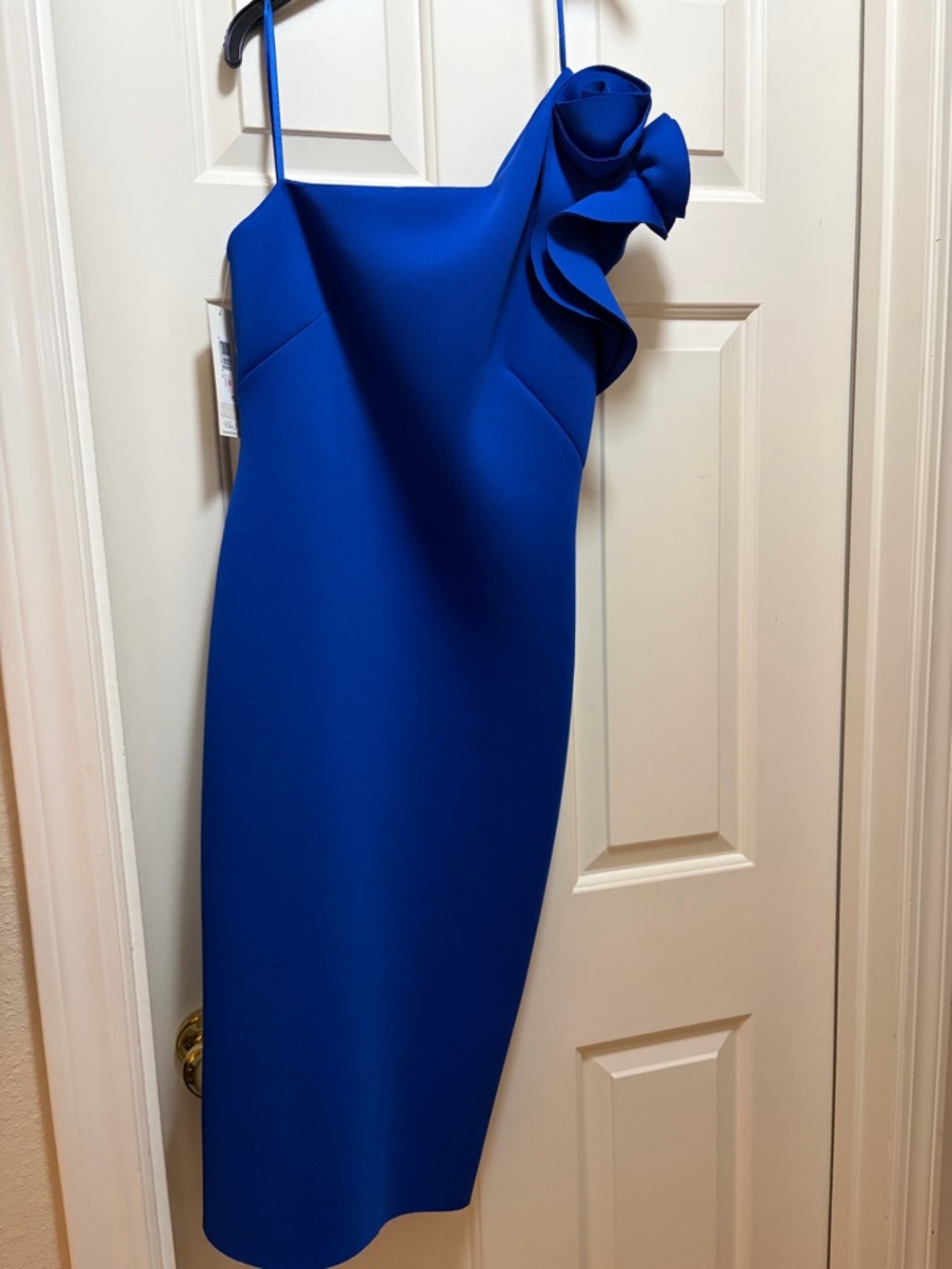Eliza J Cobalt Blue One-Shoulder Sheath Dress with Rose Ruffle shoulder